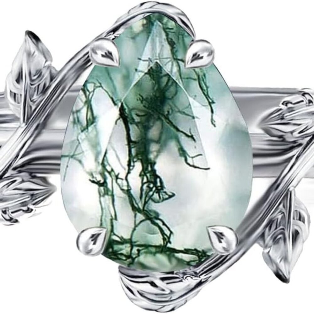 Natural Moss Agate Ring 925 Sterling Silver Opal Birthstone Ring 925 Sterling Si - Picture 2 of 6